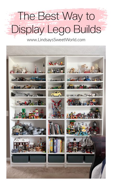 Lindsay's Sweet World: The Best Way to Display Lego Builds - Jacob’s Lego Museum and Updated Bedroom Lego Storage Shelves Display, Lego Display Ideas Diy, Around The Room Shelving, Bookshelf For Legos, Lego Shelving Display, Lego Model Storage Ideas, Best Lego Display Ideas, Chic Lego Display, Shelving For Lego Display