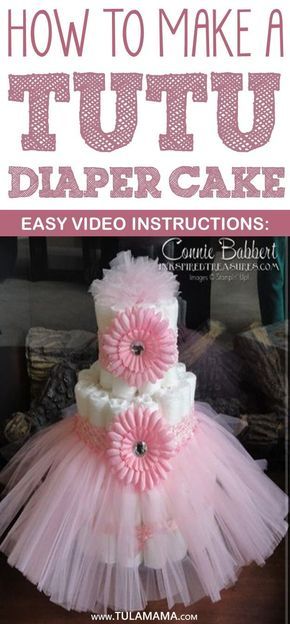 How to make a tutu diaper cake? Click to see easy video instructions to make your own unique diaper cake. You can also use it as a baby shower centerpiece. Diaper cakes are common at baby showers because they are fun and practical for the new mom. Pin it. #diapercake #babyshower Fiesta Shower, Tutu Baby Shower, Idee Babyshower, Boy Baby Shower Ideas, Baby Shower Diaper Cake, Trendy Baby Shower Ideas, Baby Diaper Cake, Fiesta Baby Shower, Baby Cakes