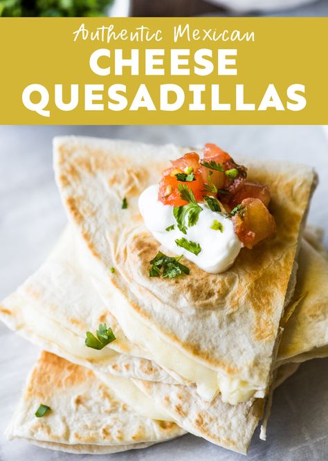 Cheese Quesadillas are so easy to make! This classic recipe takes minutes to prepare and uses authentic Mexican cheeses. Serve with guacamole and salsa for the best snack ever! #cheesequesadillas #quesadillas Easy Cheese Quesadilla, Chunky Salsa Recipe, Cheese Quesadilla Recipe, Cheese Quesadillas, Homemade Flour Tortillas, Quesadilla Recipe, Vegetarian Mexican, Mexican Dinner Recipes, Cheese Quesadilla