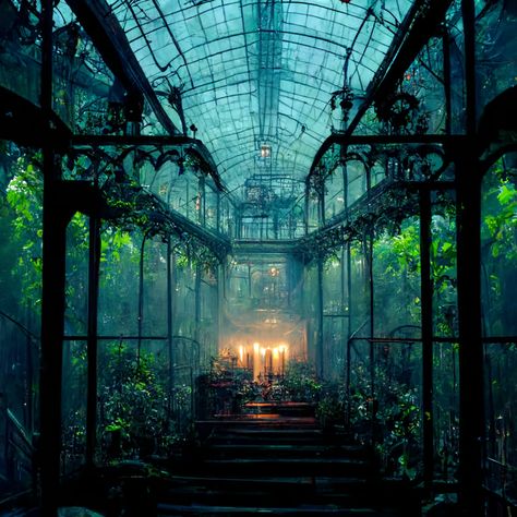 prompthunt: **interior of spectral Christal palace 19th century greenhouse glasshouse art noveau architecture with iron winding stairs and exotic trees and flowers orchids candles overgrown and abandoned haunted spooky lights floating and shadows dancing Abandoned Greenhouse Aesthetic, Witchy Lighting, Witches Greenhouse, Overgrown Interior, Greenhouse At Night, Rainy Greenhouse, Dark Greenhouse, Haunted Greenhouse, Fantasy Greenhouse