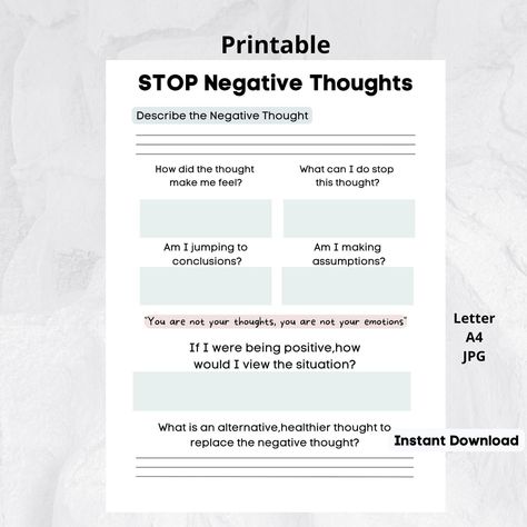 Cbt Negative Thoughts, Negative Thoughts Journal, Negative Thoughts Worksheet, Therapist Planner, Overcoming Negative Thoughts, Health Printables, Stop Negative Thoughts, Counseling Worksheets, Tattoo Music