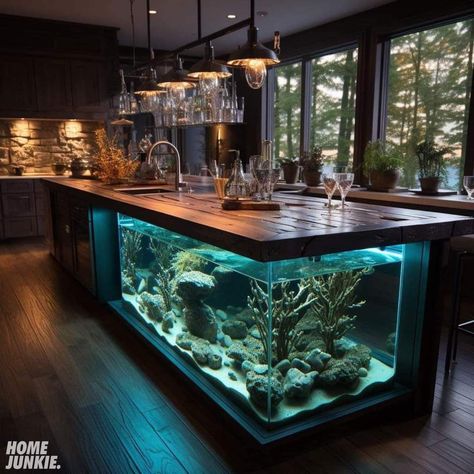 Kitchen Fish Tank, Fish Tank In Kitchen, Aquarium In Kitchen, Aquarium Interior Design, Aquarium Aesthetic Home, Home Bar With Aquarium, Giant Aquarium In House, Big Aquarium Living Rooms, Huge Aquarium House