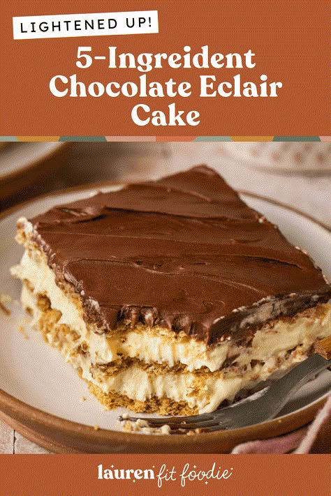 Lightened Up Chocolate Eclair Cake (Only 5 Ingredients!) Eclair Cake Recipe, Chocolate Eclair Dessert, Graham Cracker Dessert, Eclairs Dessert, Eclair Cake Recipes, Cracker Dessert, Chocolate Pudding Desserts, Chocolate Eclair Cake, No Bake Recipe