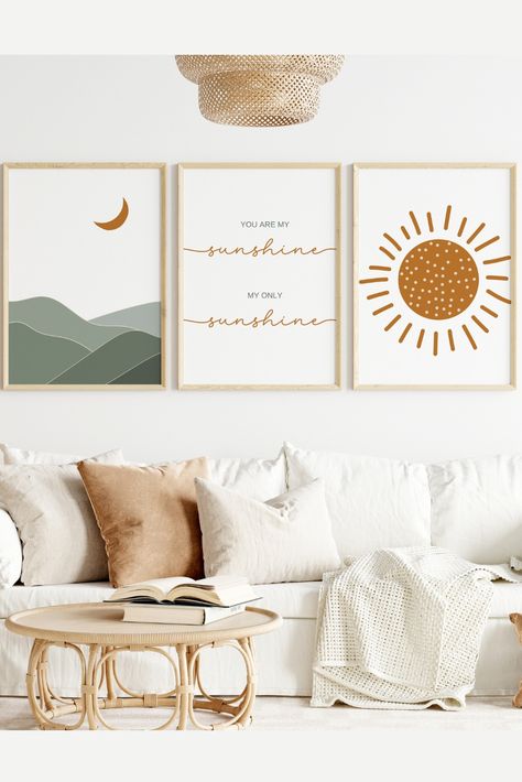 Brighten up your nursery with our "You Are My Sunshine" print featuring stunning mountains and a radiant sun. This digital print will add a touch of warmth and joy to your little one's space, reminding them that they are your sunshine every day.Whether you're looking to add a touch of warmth to your nursery or create a charming and delightful gift for a new parent, this print is the perfect choice. Sunshine Decorations, Lion Nursery, Sunshine Print, Boy Nursery Themes, Nursery Boho, Girl Nursery Themes, Clouds Nursery, Neutral Print, Moon Nursery