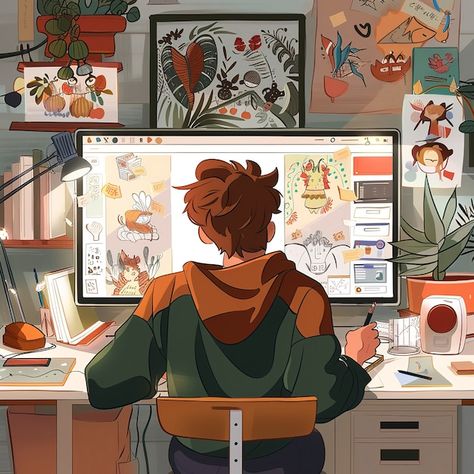 Desk Illustration Drawing, Art Nerd Aesthetic, School Illustration Art, Graphic Design Workspace, Illustrator Career, Desk Illustration, Illustration Career, Office Drawing, Digital Workspace