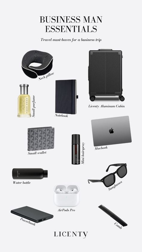 Licenty Business Man Travel Essentials - Elevate Your Business Trip Men's Vision Board, Men Essentials Man Stuff, Luggage Essentials, Men Travel Essentials, Young Men Haircuts, Guys Grooming, Man Travel, Classic Life, Gadgets For Men