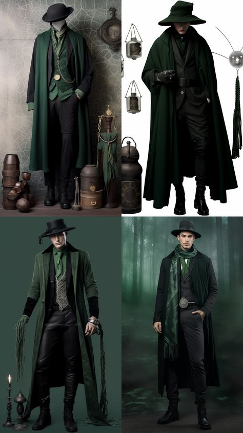 Green Masquerade Outfit Men, Green Robes Wizard, Slytherin Fashion Men, Modern Wizard Fashion Men, Fantasy Scholar Outfit Male, Slytherin Inspired Outfits Men, Warlock Outfit Male, Wizard Outfits Men, Witchcore Outfit Male