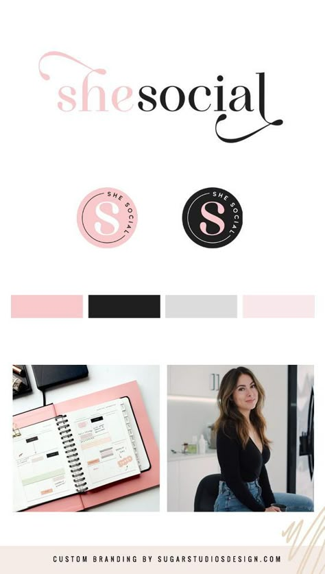 Brand Colors With Black, Modern Business Logo Design, Social Media Manager Logo Ideas, Soft Pink Branding, Black Pink Branding, Black And Pink Graphic Design, Social Media Manager Logo Design, Pink Black Branding, Visual Identity Branding