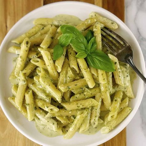 Creamy Pesto Pasta Creamy Pesto Sauce Recipe For Pasta, Pesto Parmesan Pasta, Basil Pesto Cream Sauce, Pasta With Basil Pesto, Pesto Cream Sauce Pasta, Basil Pesto Pasta Recipes, Recipes With Pesto Sauce, Best Pesto Pasta, Pesto Alfredo Sauce