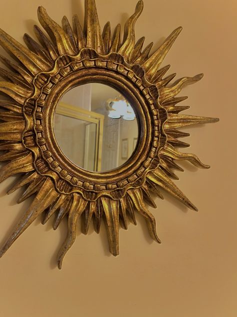 Sun Inspired Room, Sun Themed Bathroom, Sun Mirrors, Gold Sun Mirror, Sun Whimsigoth, Sun Home Decor, Sun Theme Bedroom, Sun And Moon Decorations, Sun Themed Room Aesthetic