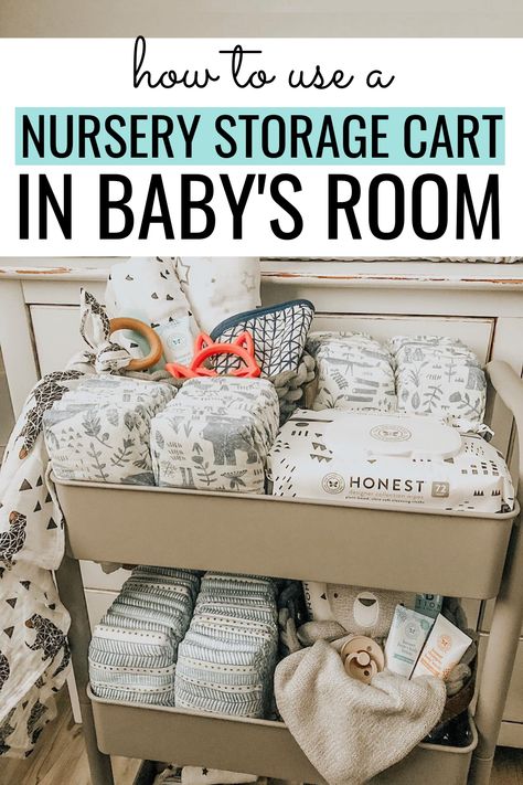 Nursery storage cart, nursery utility cart, rolling cart for the nursery, diaper cart, 3 tiered cart nursery Utility Cart For Nursery, Infant Storage Ideas, Nursery 3 Tier Cart, Nursery Side Table Organization, Nursery Utility Cart Organization, Small Space Twin Nursery, Baby Storage Cart, Rolling Cart For Nursery, 3 Tier Rolling Cart Ideas Baby