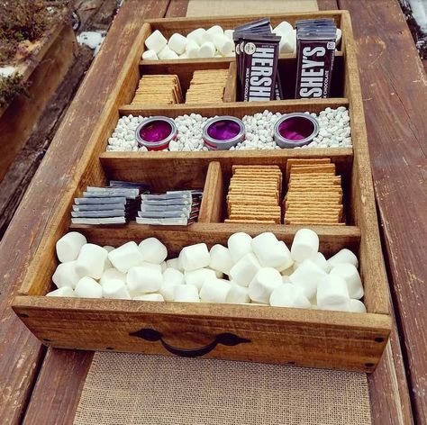 Rustic Wood Smores Bar Station Smores S'mores Bar Party - Etsy Smores Bar Wedding, Smores Bar Party, Wedding Barbecue, S'mores Tray, Bbq Station, Smores Station, Wedding Foods, Smores Bar, Dessert Stands