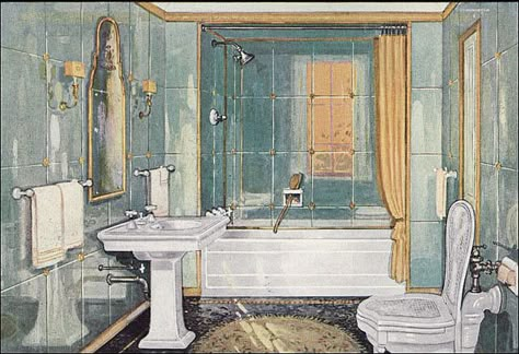 1926 Elegant Crane Bathroom  This ad was published in House Beautiful. 1920s Bathroom, 1920s Home Decor, 1920s Interior, 1920 Home, Art Deco Bathrooms, Colorful Bathroom Tile, 1920s Home, Vintage Homes, Art Deco Bathroom