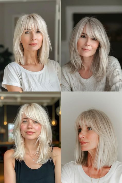 Blond Shaggy Bob With Bangs, Long Bob With Bangs Blonde, Long Bob Haircut 2024 Trends, Bob With Long Fringe, Lob With Fringe Bangs, Bobs With Long Bangs, Long Bangs Bob, Blonde Mid Length Hair With Bangs, Long Bob With Bangs Fine Hair