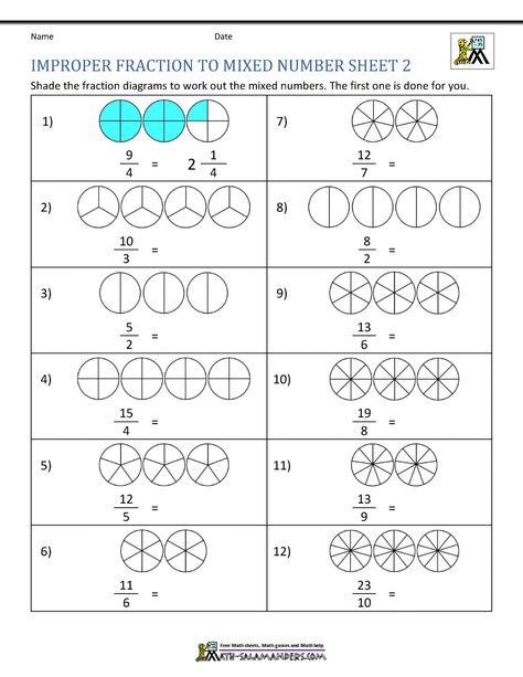 Shade the correct improper fraction using the diagrams to work out the correct mixed number. Mixed Fractions Worksheets, Maths Fractions, Multiplying Mixed Numbers, Mixed Fractions, Fractions Multiplication, Converting Fractions, Simplifying Fractions, Numbers Worksheets, Multiplying Fractions