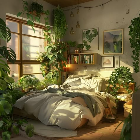 Cozy Plant Bedroom, Plant Themed Bedroom, Apocalypse Vibes, Bedroom Built Ins, Bedroom Color Combination, Plant Room, Blue Bedroom Decor, Zen Bedroom, Apartment Bedroom Decor