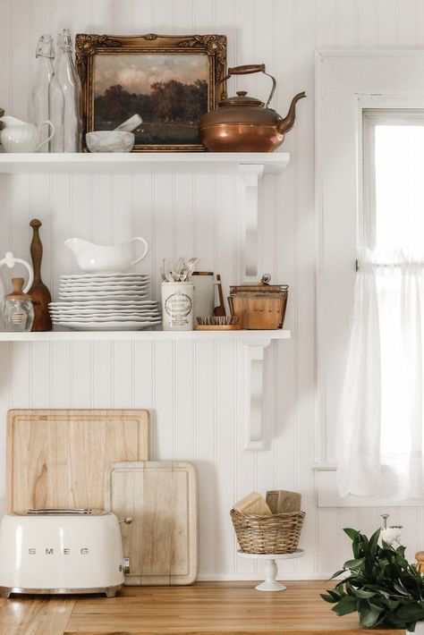 Vintage Inspired Cottage Kitchen Reveal - The Homestyle Cottage Farm Kitchen Ideas, Spring Kitchen Decor, Spring Kitchen, Deco Champetre, Farm Kitchen, Classic Kitchen, Kitchen Shelf, Interior Modern, Farmhouse Style Kitchen