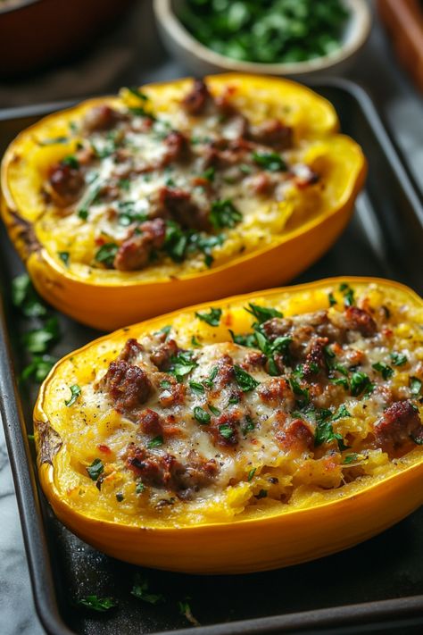 Baked spaghetti squash stuffed with sausage, cheese, and herbs on a baking sheet. 21 Day Fix Spaghetti Squash, Creamy Garlic Spaghetti Squash Casserole, Kielbasa And Spaghetti Squash, Aip Spaghetti Squash, Ground Chicken Spaghetti Squash Recipes, Spaghetti Squash Main Dish Recipes, Spaghetti Squash Primavera, Miso Spaghetti Squash, Baked Stuffed Spaghetti Squash