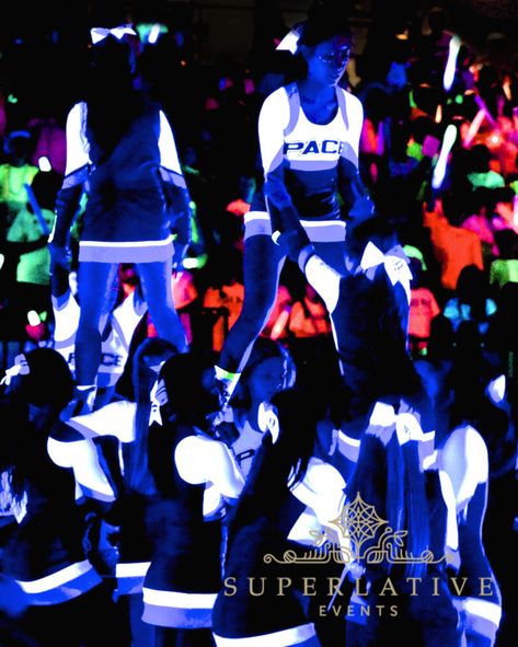 Glow Pep Rally, Black Light Pep Rally, Cheer Performance, Pep Rally Ideas, Pep Rally Themes, School Spirit Ideas Pep Rally, Rally Ideas, Pep Rally Games, Cheers Theme