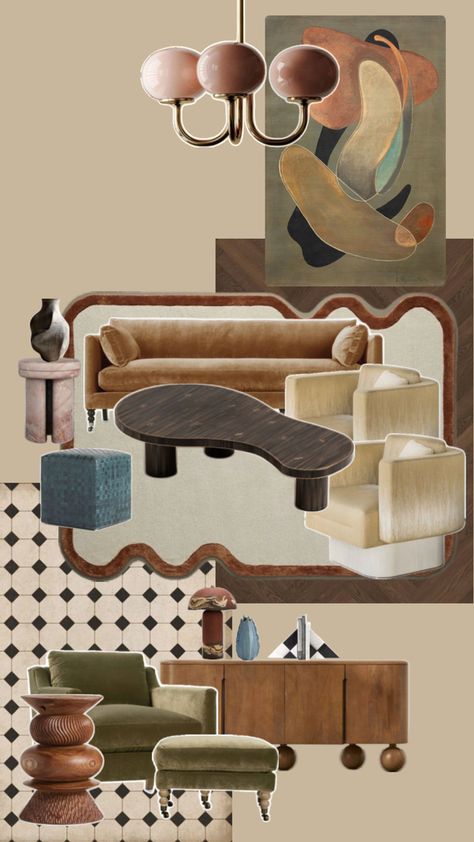 This collage mood board of a living area is inspired by a painting. The painting guides the design of the area with a unique color combination & flowy shapes. Materials Board Interior Design, Eclectic Living, Interior Design Boards, Eclectic Living Room, Interior Design Architecture, Interior Design Mood Board, Apartment Decor Inspiration, Art Deco Interior, Dream House Decor