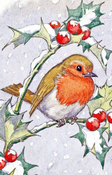 Christmas Scene Drawing, Holly Branch, Painted Christmas Cards, Christmas Drawings, Christmas Robin, Drawings Ideas, Christmas Card Art, Watercolor Christmas Cards, Christmas Bird