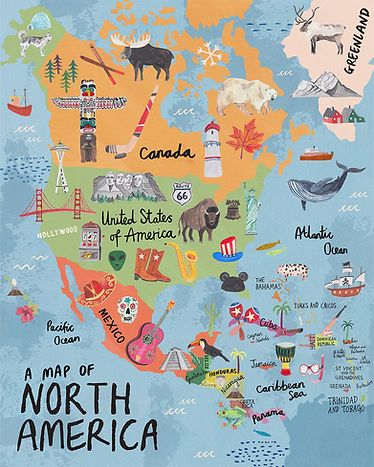 America Map Illustration, North America Continent, Continents Of The World, World Map Continents, Maps Aesthetic, Jamaica Map, Illustrated Maps, Travel Collage, North America Map