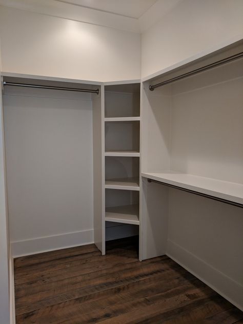 5 By 5 Closet Ideas, Walk In Closet Wallpaper Farmhouse, Corner In Closet, Simple Bedroom Closet Ideas, Mid Size Closet Ideas, Closet Sections, Small Walk In Closet Ideas Layout Plan, Walk In Corner Closet, Large Closet Shelving Ideas