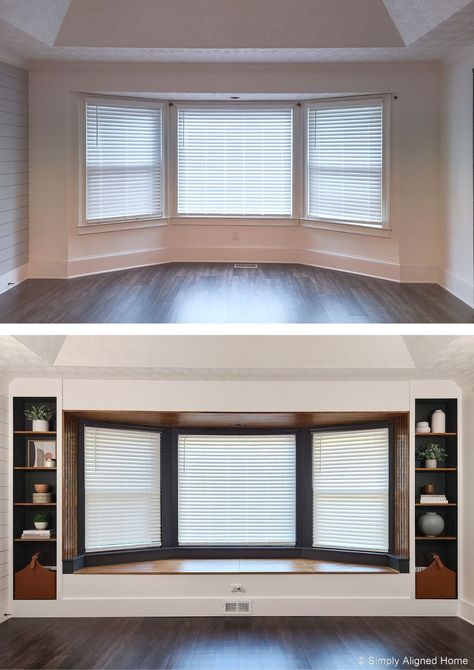 HOW TO BUILD A MODERN BAY WINDOW BENCH WITH STORAGE - PART II Built Ins Around A Window, Small Bay Window Ideas, Bay Window In Dining Room, Living Room Window Ideas, Window Bench With Storage, Bedroom With Bay Window, Bay Window Bench, Modern Bay Window, Duplex Interior