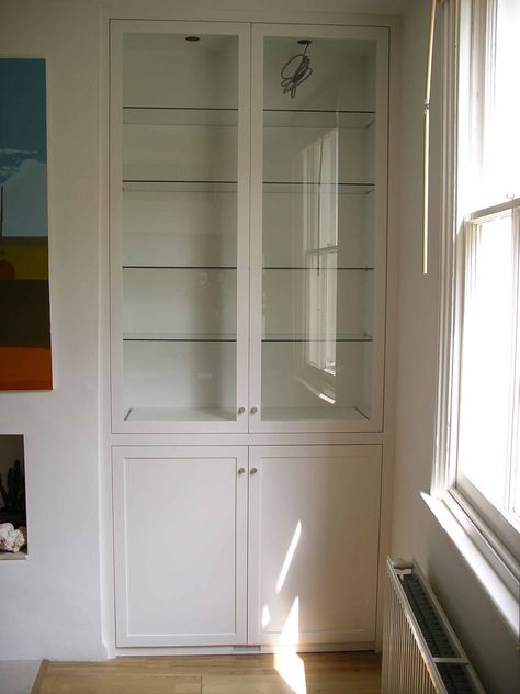 glazed alcove cabinet - flush / uniform depth except using white painted inserts not glass Alcove Ideas Living Room, Alcove Shelves, Alcove Storage, Alcove Cabinets, Alcove Cupboards, Alcove Shelving, Glass Shelves In Bathroom, Glass Shelves Decor, Glass Shelves Kitchen