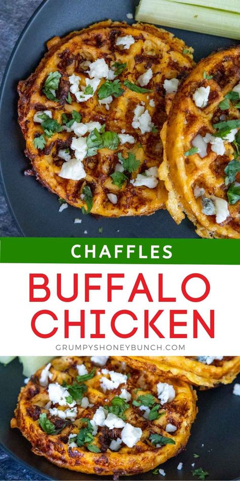 Two chaffles on a black plate topped with crumbled blue cheese and chopped cilantro Canned Chicken Waffle Maker, Recipes For Mini Waffle Maker, Chaffels Recipes, Savoury Waffle Recipe, Buffalo Chicken Chaffle, Chicken Chaffles, Chicken Chaffle, Waffle Brunch, Octavia Recipes