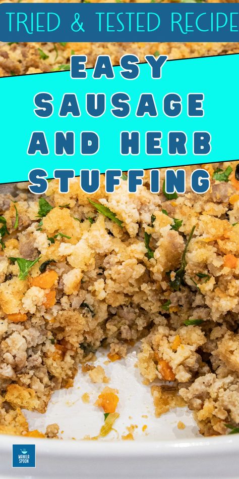 Easy Sausage and Herb Stuffing Gluten Free Sausage Stuffing Thanksgiving, Best Sausage Stuffing Thanksgiving, Stuffing With Sausage Recipes, Gluten Free Sausage Stuffing, Sausage Stuffing Casserole, Homemade Sausage Stuffing, Easy Sausage Stuffing, Sausage Stuffing Recipe Thanksgiving, Sausage And Herb Stuffing