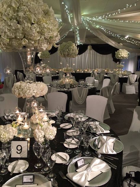 Black Theme Sweet 16 Party Ideas, Black And White Theme Quinceanera, Black Attire Wedding Decor, Monochrome Wedding Party, Quince Themes Black, Black And Silver Wedding Reception, Black Silver Quinceanera Theme, Black And White Debut Theme, Black Ceiling Draping Wedding