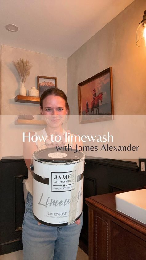 Ok, here’s all the details! But first be sure to save this to refer back to when you’re ready to take on your own limewashing project! When I settled on a western theme for my basement bathroom, I had no idea how to bring my vision to life. Enter limewash paint by James Alexander! To get started lime washing, you first need to prep your walls and tape your edges. Then apply the primer. Do not skip this! The primer creates a porous surface for the limewash to adhere to. Now it’s time to ... Bathroom Limewash Walls, Powder Room Limewash, Limewash Living Room Ideas, Lime Wash Bathroom Walls, Limewash Bathroom, James Alexander Limewash, Lime Wash Walls, Limewash Walls, Lime Wash