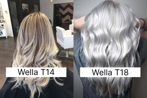 T14 Toner Before And After, Silver Hair Color Formula, Wella Hair Toner, Silver Hair Toner, Wella T14, T18 Toner, Toning Bleached Hair, White Hair Toner, Light Ash Blonde Hair