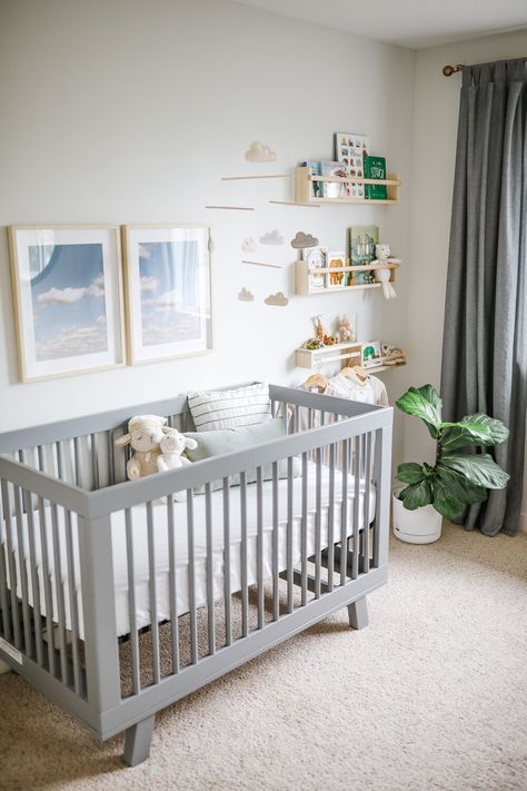 With our second pregnancy - I wanted to keep the gender a surprise, so I designed the nursery with a neutral, natural palette of sage green/white/grey/oak. Grey White And Natural Wood Nursery, Nursery Ideas With Gray Crib, Grey And Natural Wood Nursery, Nursery Ideas With Grey Crib, Brown And Grey Nursery, Grey Furniture Nursery, Gray Crib Nursery Boy, Gray Crib Nursery Girl, Simple Baby Nursery Ideas