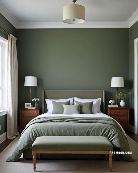 20 Green Bedroom Ideas for Every Style - Fab Mood | Wedding Color, Haircuts & Hairstyles | Nails | Colours Green Color For Bedroom Walls, Bedroom Paint Ideas Master Color Schemes Green, Olive Green Bedroom Paint, Simple Green Bedroom, Vintage Green Bedroom Ideas, Green Wall Colors Bedroom, Bedroom Wall Colors Green, Grey Carpet Green Walls Bedroom, Moss Green Bedroom Walls