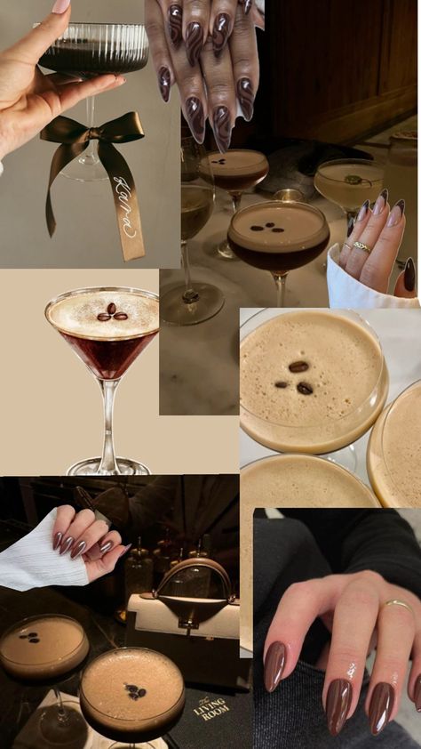 Brown collages showing espresso martini with brown nails around Expresso Martini Bachelorette, A Tiny Bit Older Party Theme Espresso, Espresso Martini Nails, Espresso Martini Birthday Party, Espresso Nails, Martini Themed Party, Espresso Martini Birthday, Espresso Martini Aesthetic, Martini Nails