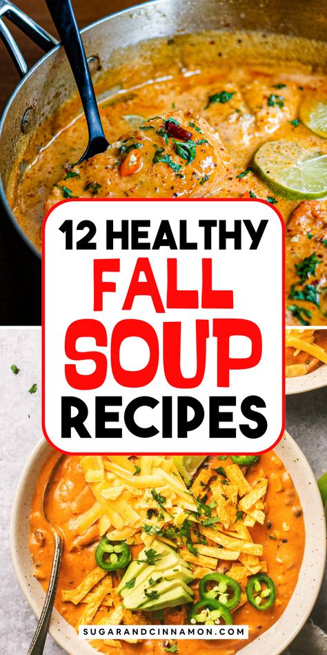 🍁🥄 Fall in love with soup again! Our collection of fall soup recipes features everything from rich, creamy blends to hearty vegetable stews. Perfect for chilly days and nights, these recipes will become your go-to comfort food. Save this pin and get cooking with the best of fall! 🍂💛 Fall Soup And Chili Recipes, Fall Easy Soup Recipes, Easy Fall Soup Recipes Vegetarian, Healthy Fall Soups Crock Pots, Best Fall Soups And Stews, Good Soups For Fall, Best Autumn Soup Recipes, Healthy Hearty Soup Recipes, Fall Healthy Soup Recipes