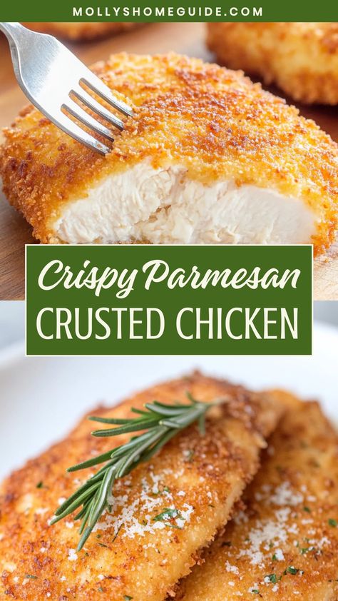 Discover the perfect weeknight meal idea with this delicious Parmesan-crusted chicken recipe. Crispy on the outside, juicy on the inside, this dish is a crowd-pleaser. The combination of savory Parmesan cheese and tender chicken will leave your taste buds craving more. With just a few simple ingredients and easy steps, you can have dinner on the table in no time. Pan Fried Parmesan Crusted Chicken, Breaded Chicken Breast Oven, Crispy Chicken Breast Recipes, Chicken Fillet Recipes Easy, Parmesan Crusted Chicken Oven, Chicken Breast Dinner Ideas Easy, Parmesan Crusted Chicken Baked, Recipes For Chicken Breast, Easy Parmesan Crusted Chicken