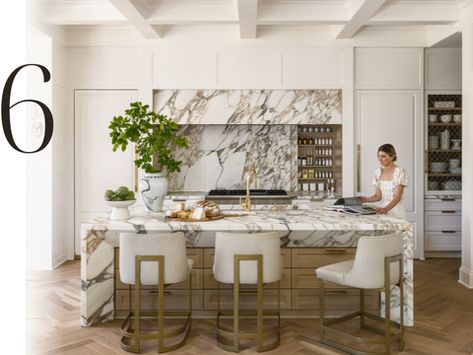 Kitchen Trends 2022 French Modern Home, Quartzite Counters, Range Wall, Upper East Side Apartment, Upholstered Banquette, Parisian Decor, Cella Jane, Stone Backsplash, Spice Storage