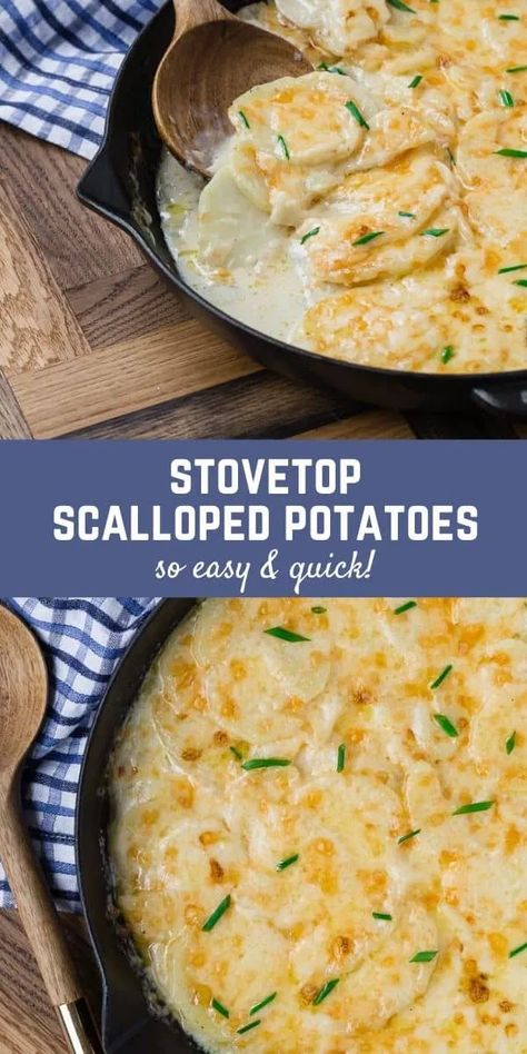 Skillet Scalloped Potatoes Pioneer Woman, Scalloped Potatoes On Stove Top, Cast Iron Scalloped Potatoes, Skillet Cheesy Potatoes, Scalloped Potatoes Stove Top, Yellow Potatoes Recipes Stovetop, Stove Top Vegetable Side Dishes, Stove Top Cheesy Potatoes, Potatoes Stovetop