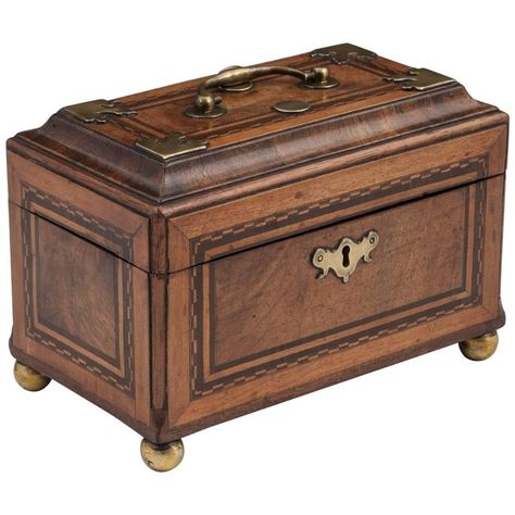 Antique Walnut And Brass Tea Chest Caddy 18th Century Walnut And Brass, Antique Wooden Boxes, Tea Chest, Trunk Boxes, Jewelry Casket, Vintage Boxes Wooden, Brass Handle, Antique Tea, Modern And Antique