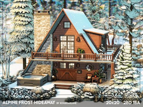 The Sims Resource - Alpine Frost Hideaway (NO CC) Sims 4 A Frame Cabin, Sims4 Cabin, Sims 4 Cabin In The Woods, Sims Snowy Escape House, Sims Cabin House, Winter Cabin Sims 4, Sims Winter House, Sims 4 A Frame House, Sims 4 Chimney