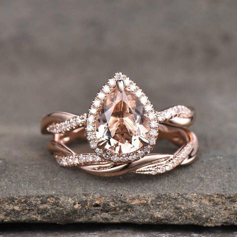 Morganite Ring Set, Twist Wedding Band, Opal Engagement Ring Set, Morganite Engagement Ring Set, Halo Engagement Ring Sets, Wedding Rings Rose Gold, Morganite Engagement, Engagement Rings Opal, Dream Engagement Rings