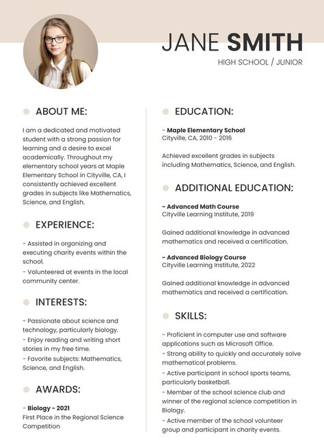 Cv Template Student, High School Resume Template, High School Resume, College Resume, Advanced Mathematics, Best Resume Format, Resume Layout, Student Resume Template, Docs Templates