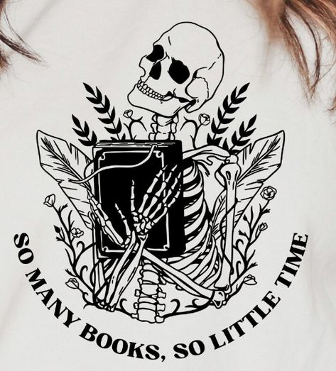 Skeleton Holding Book Tattoo, Skeleton With Book Tattoo, Horror Book Tattoo Ideas, Just One More Chapter Tattoo, Horror Book Tattoo, Skeleton Book Tattoo, Gothic Book Tattoo, Skeleton Reading Book Tattoo, Kindle Tattoo