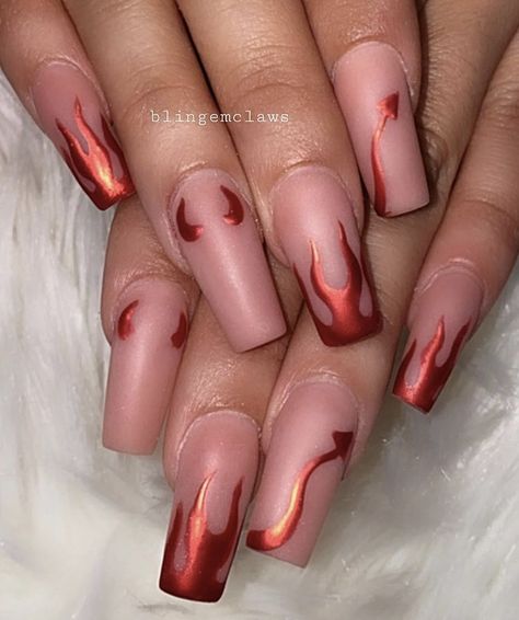 Nail Designs On Red Nails, Fallen Angel Nail Designs, Nj Devils Nails, Devil Nails Halloween, Devils Night Nails, Acdc Nails, Demonic Nails, Devil Nail Art, Megan Fox Nails