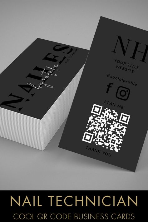 Introducing the "Custom Nail Technician Manicure Salon Cool QR Code Business Card" – a sleek and modern representation designed for nail technicians and manicure salons. These business cards feature a monochrome black and grey color scheme, adding a touch of sophistication to your professional image. Tailored for nail technicians, nail salons, and manicurists, these customizable business cards offer a stylish and minimalist design. Nail Tech Cards, Nail Tech Business Cards Ideas, Business Card Nails Salon, Nail Technician Business Cards, Nail Tech Business Cards With Qr Code, Nail Tech Business, Nail Tech Business Cards, Nail Salon Business Cards, Black And Silver Business Cards