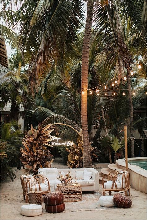 Tulum Mexico Wedding Dress, Tulum Cake Ideas, Bali Style Wedding, Tulum Wedding Florals, Tulum Wedding Table Decor, Mexico Wedding Dress Guest, Rustic Wedding Venue Decor, Tulum Inspired Wedding, Tulum Mexico Aesthetic Decor