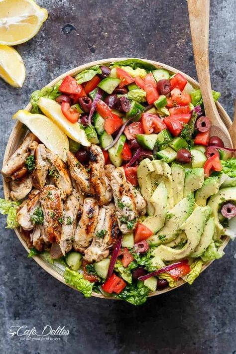 Mediterranean Chicken Salad, Grilled Lemon, Cramps Relief, Mediterranean Salad, Chicken Salad Recipe, Mediterranean Chicken, Lemon Herb, Mediterranean Diet Recipes, Chicken Salad Recipes